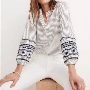 Madewell Striped Embroidered Button Top - S